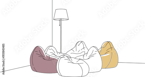 Five colorful bean bag chairs gathered near a modern floor lamp illustration