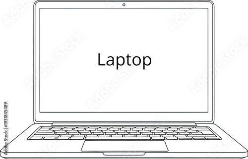 Simple line art drawing of an open modern laptop computer ready for use