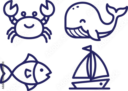 Vector art of a set of four nautical icons in blue lines on a with a crab, whale, fish, and sailboat