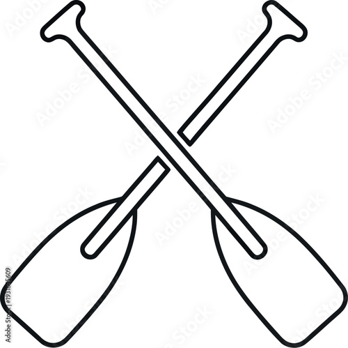 Simple black line icon of two crossed canoe paddles on a white background