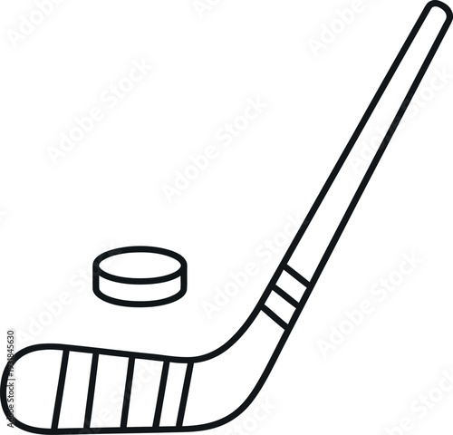 Minimalist line art icon depicting a hockey stick poised near a puck object