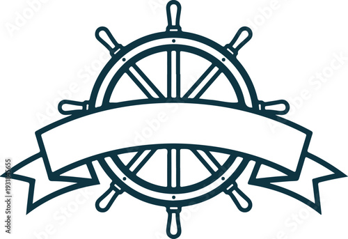 Vector art of a nautical ship wheel icon with a banner on a in blue lines