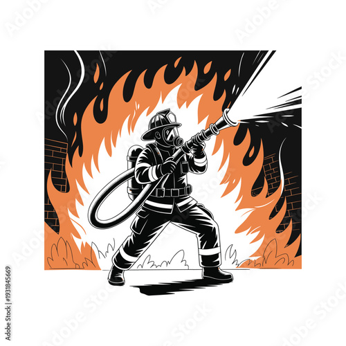 Brave firefighter in full gear douses intense flames with water hose responding to emergency