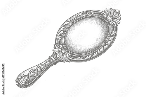 Vintage hand mirror vector with ornate decorative frame and long handle etching