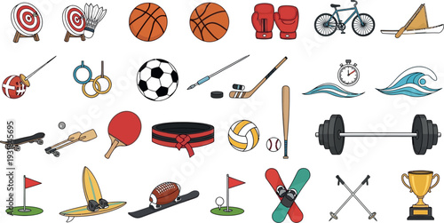 Collection of various colorful sports equipment and athletic activity icons set isolated
