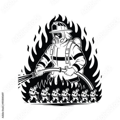 Heroic firefighter battles flames fighting wildfire with hose spray protecting endangered pets scene