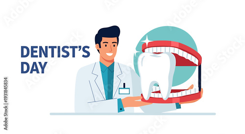Dentist Examining Large Tooth Model Illustration. Vector Illustrations. EPS Editable
