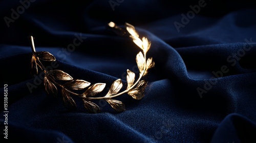 laurel. A golden laurel wreath resting on deep navy velvet, emitting a soft glow. event programs, museum guides, designed for cultural heritage projects and event programs.
