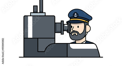 Cartoon Captain Looking Through Periscope on Submarine. Vector Illustrations. EPS Editable