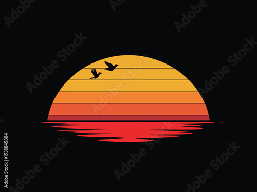 Sunset over water with birds flying overhead at evening time
