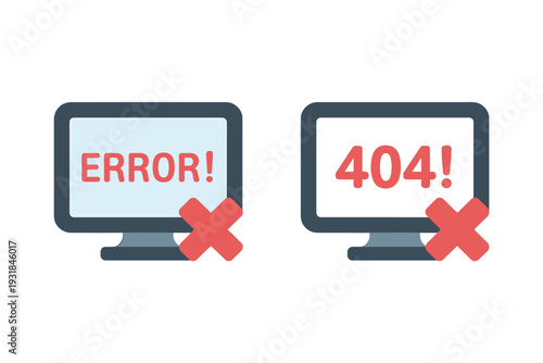 Error 404 not found website icons with red cross  computer monitors display mistakes