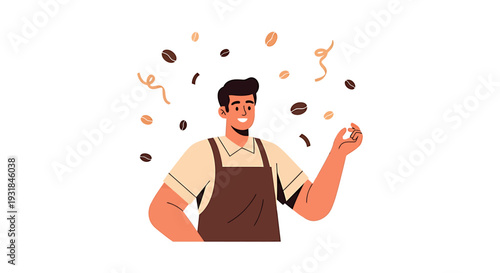 Chef tossing coffee beans in kitchen. Vector Illustrations. EPS Editable