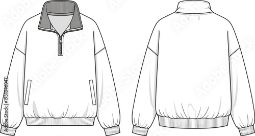 Women's Oversized Quarter-Zip Pullover Flat Sketch, Athletic Sweatshirt Technical Drawing, Fashion Design Template, Front and Back View, Sporty Casual Top