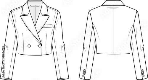 Women's Professional Blazer and Cropped Jacket Flat Sketches, Fashion Technical Drawing Template, Suit Outerwear Front and Back View, Design Pack