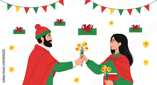 Couple Exchanging Flowers Christmas Celebration. Vector Illustrations. EPS Editable