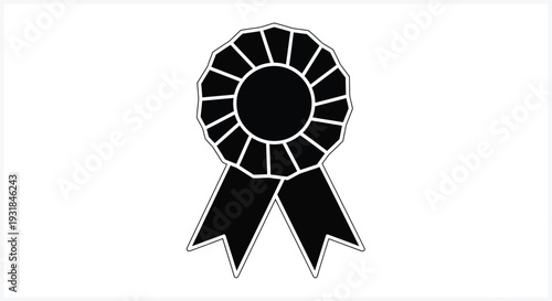 A black and white illustration of a rosette ribbon award featuring a circular center and flowing tails silhouette high quality professional