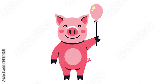 Cute Cartoon Pig Holding a Pink Balloon Illustration. Vector Illustrations. EPS Editable