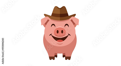 Cute Cartoon Pig Wearing a Cowboy Hat. Vector Illustrations. EPS Editable
