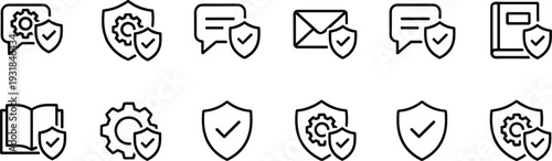 Cyber security and data protection line icon set with shield, check mark, gear, chat and email secure communication symbols