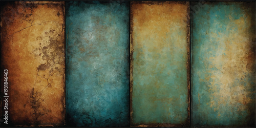 Vintage Grunge Wall Texture Background with Aged Metal Panels and Rustic Turquoise and Brown Surface Detail.