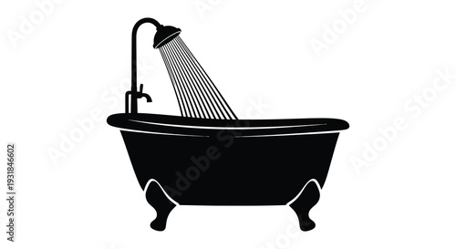 A black silhouette depicts a classic clawfoot bathtub with a shower showcasing domestic cleanliness and relaxation silhouette high quality professional detailed