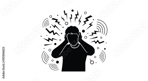 A person overwhelmed by noise and stress hands covering ears with radiating sound waves a dark silhouette high quality professional detailed