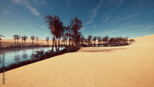 golden desert oasis with palm trees, shimmering lagoon edging wide sand dunes, dramatic azure sky streaked with cirrus clouds, long palm shadows casting