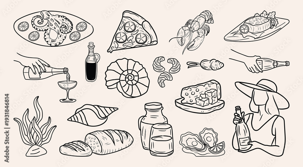 custom made wallpaper toronto digitalHand Drawing seafood and wine party line art elements vector icon or illustration collection