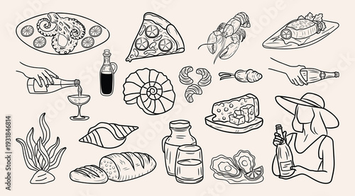 Hand Drawing seafood and wine party line art elements vector icon or illustration collection