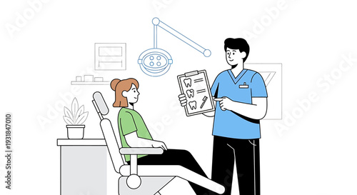 Dentist Explaining Treatment to Patient in Clinic. Vector Illustrations. EPS Editable