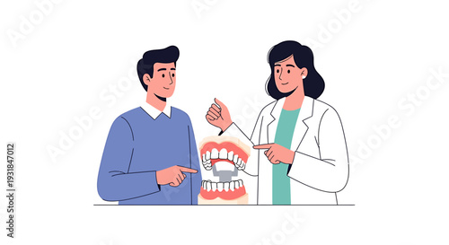 Dentist Explaining Dental Prosthetics to Patient Using Anatomical Model. Vector Illustrations. EPS Editable
