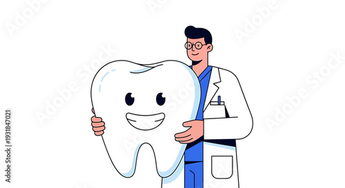 Dentist holding a cartoon tooth character. Vector Illustrations. EPS Editable