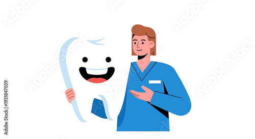 Dentist Holding a Happy Cartoon Tooth. Vector Illustrations. EPS Editable