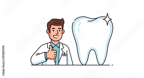 Dentist Giving Thumbs Up Next to a Sparkling Clean Tooth. Vector Illustrations. EPS Editable