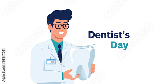 Dentist Holding Tooth Model on Dentists Day. Vector Illustrations. EPS Editable
