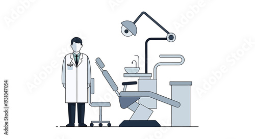 Dentist Standing Next to Modern Dental Chair and Equipment. Vector Illustrations. EPS Editable