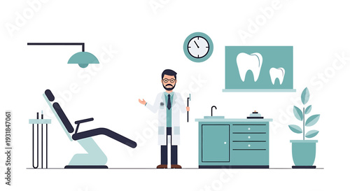 Dentist in Dental Clinic with Chair and Equipment Illustration. Vector Illustrations. EPS Editable