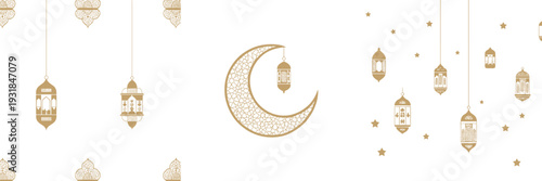 Luxury Ramadan Kareem background with golden lanterns and ornamental crescent moon, Islamic festive flat vector illustration