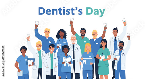 Dentists and Dental Staff Celebrating Together. Vector Illustrations. EPS Editable