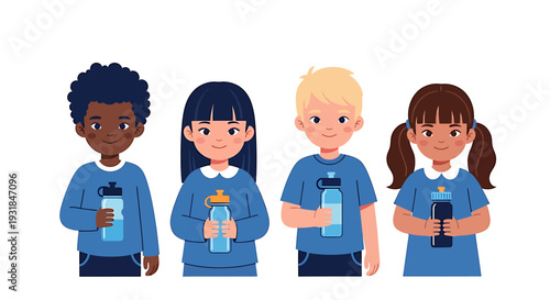 Diverse Children Holding Reusable Water Bottles. Vector Illustrations. EPS Editable