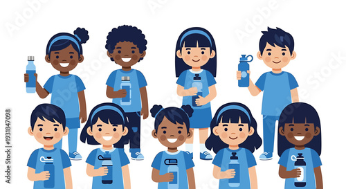 Diverse Children Drinking Bottled Water Together. Vector Illustrations. EPS Editable
