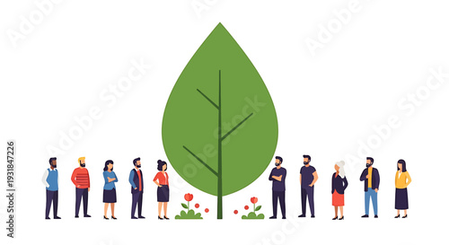 Diverse Group of People Standing Around a Large Green Leaf Symbolizing Environmental Protection and Community. Vector Illustrations. EPS Editable