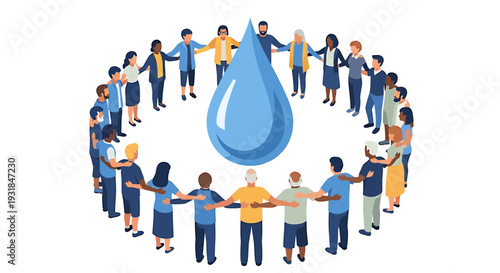 Diverse Group of People Holding Hands in a Circle Around a Water Drop Symbolizing Global Water Conservation and Community. Vector Illustrations. EPS Editable