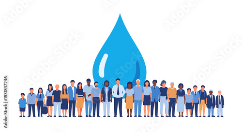 Diverse Group of People Standing Together behind Large Blue Water Drop. Vector Illustrations. EPS Editable