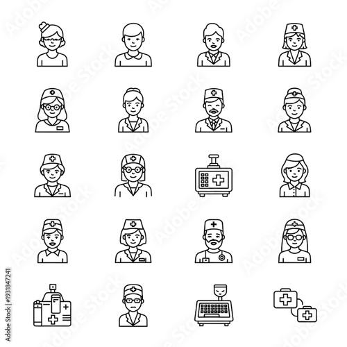 Doctor and nurse line icons for medical clinic and hospital design