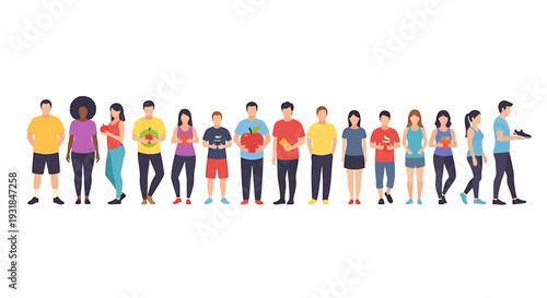 Diverse Group of People Standing Together in a Line. Vector Illustrations. EPS Editable