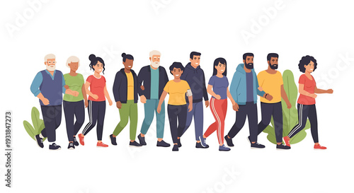 Diverse Group of People Walking Together 1. Vector Illustrations. EPS Editable