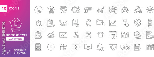 Business Growth & Digital Marketing Editable stroke Line Icons Set – Analytics, Investment, ROI, E Commerce, Finance and Startup Strategy Outline Vector Collection