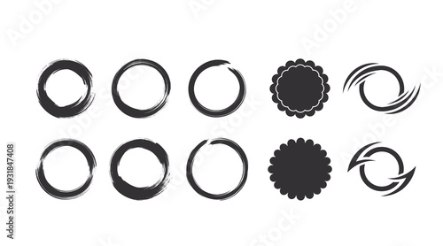 A collection of 10 black circular brush stroke icons on a white background for design and creative projects