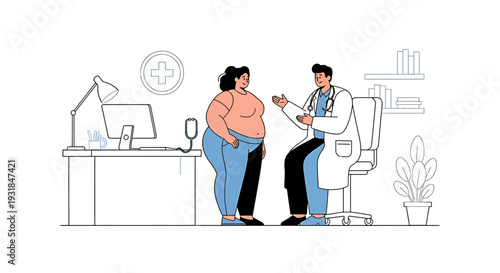 Doctor consulting with an overweight woman about her health and weight management. Vector Illustrations. EPS Editable